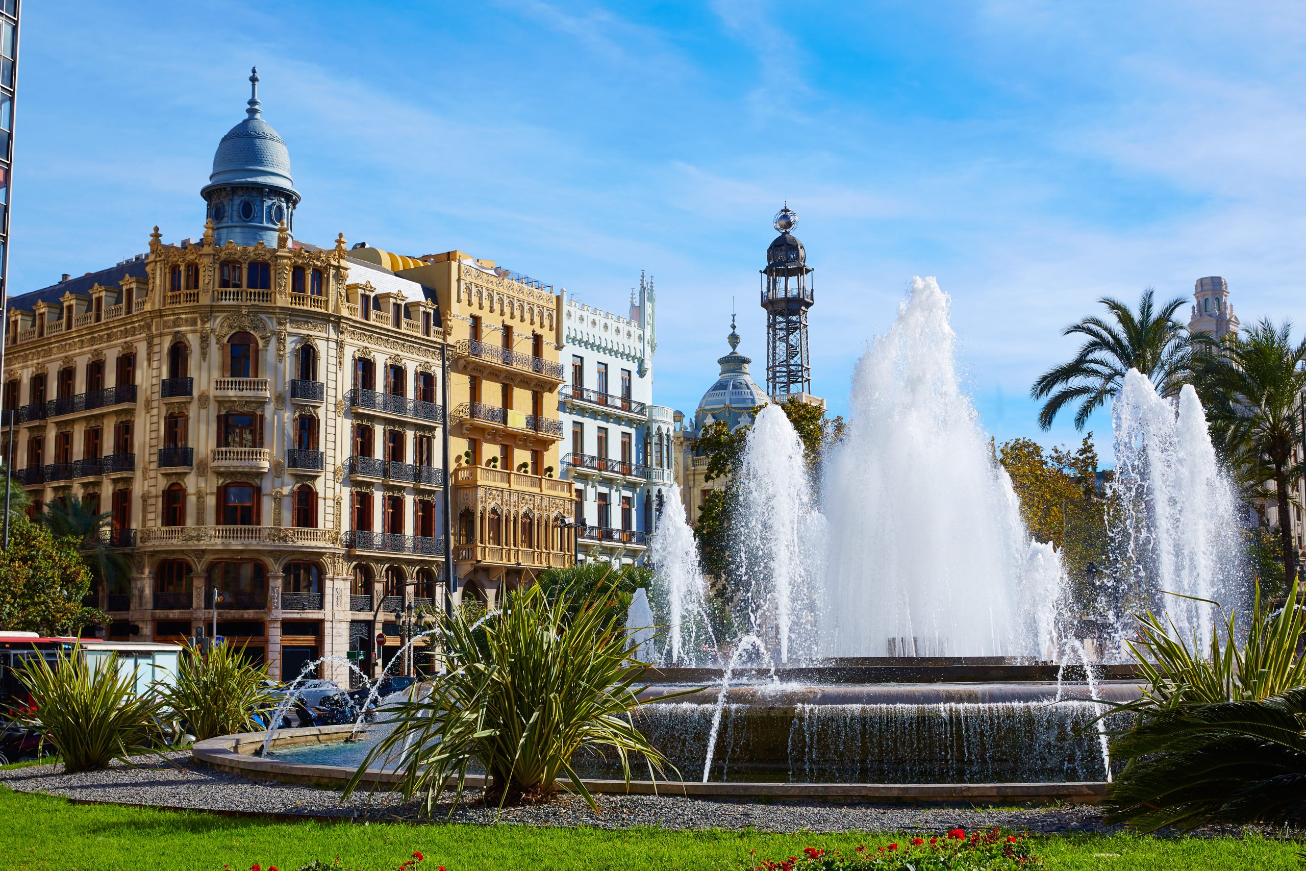 Valencia Ayuntamiento square Casa Ferrer and Noguera buildings at Spain